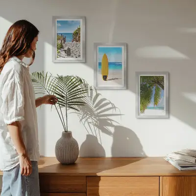 3-piece tropical beach wall art set featuring holiday views of waves and palm trees