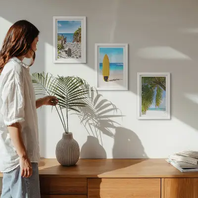 3-piece tropical beach wall art set featuring holiday views of waves and palm trees