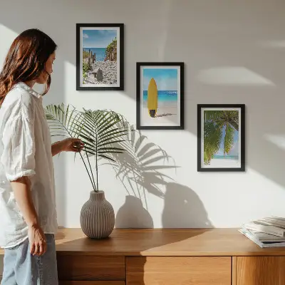 3-piece tropical beach wall art set featuring holiday views of waves and palm trees