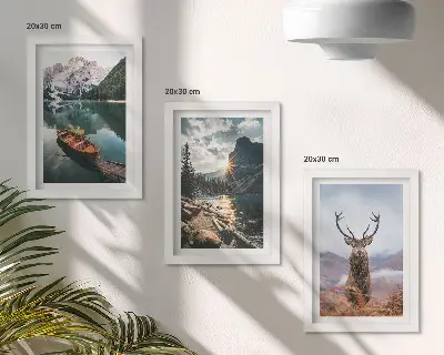Mountain lake boat sunset deer triptych framed wall art set