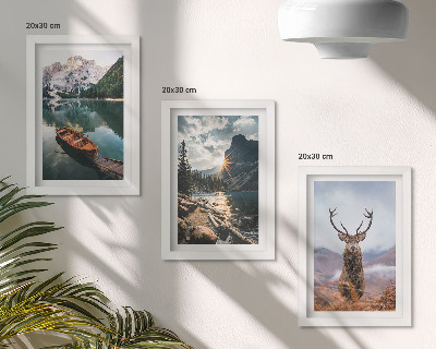 Framed triptych Mountain lake boat sunset deer in nature