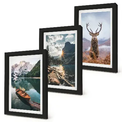 Mountain lake boat sunset deer triptych framed wall art set