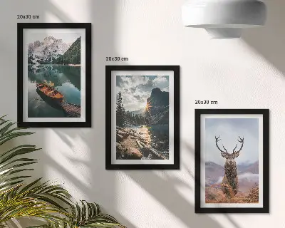 Mountain lake boat sunset deer triptych framed wall art set