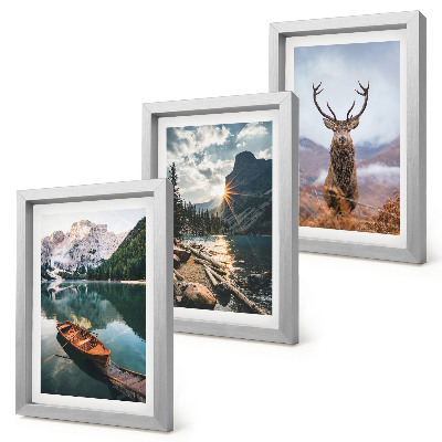 Framed triptych Mountain lake boat sunset deer in nature
