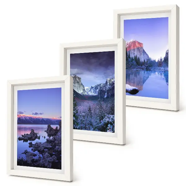 Photo frame wall gallery set with mountain landscapes at dusk and water views