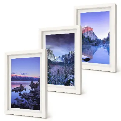 Photo frame wall gallery set with mountain landscapes at dusk and water views