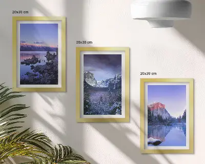 Photo frame wall gallery set with mountain landscapes at dusk and water views