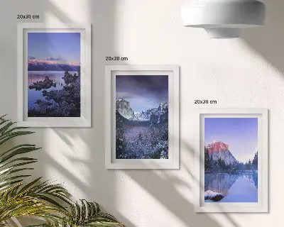 Photo frame wall gallery set with mountain landscapes at dusk and water views
