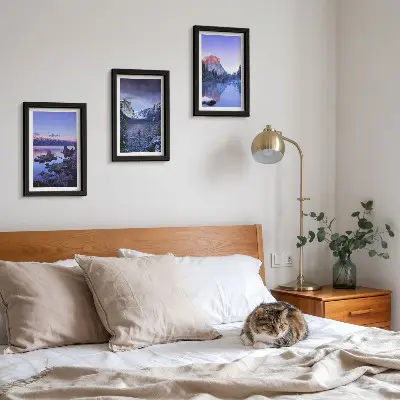 Photo frame wall gallery set with mountain landscapes at dusk and water views