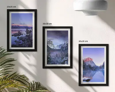 Photo frame wall gallery set with mountain landscapes at dusk and water views