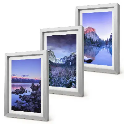 Photo frame wall gallery set with mountain landscapes at dusk and water views