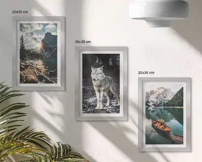 3-piece wall art set featuring mountains, lakes, and a wolf in a natural setting