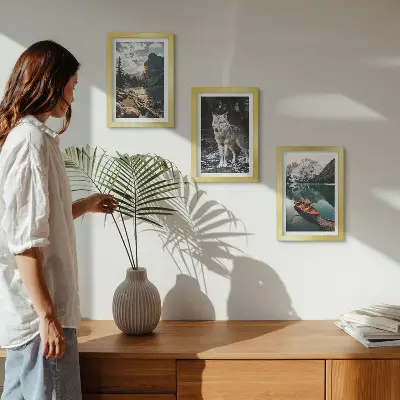 3-piece wall art set featuring mountains, lakes, and a wolf in a natural setting
