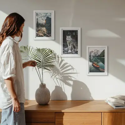 3-piece wall art set featuring mountains, lakes, and a wolf in a natural setting