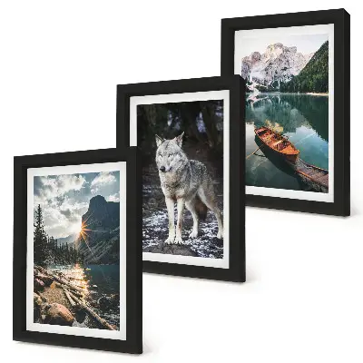 3-piece wall art set featuring mountains, lakes, and a wolf in a natural setting