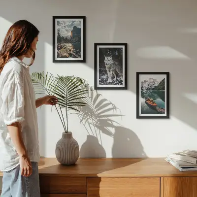 3-piece wall art set featuring mountains, lakes, and a wolf in a natural setting
