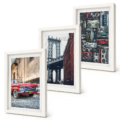 3-piece wall art set featuring an old car on the street near the Brooklyn Bridge and retro audio equipment