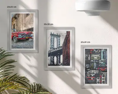 3-piece wall art set featuring an old car on the street near the Brooklyn Bridge and retro audio equipment