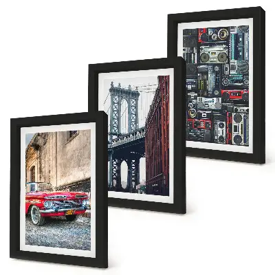 3-piece wall art set featuring an old car on the street near the Brooklyn Bridge and retro audio equipment
