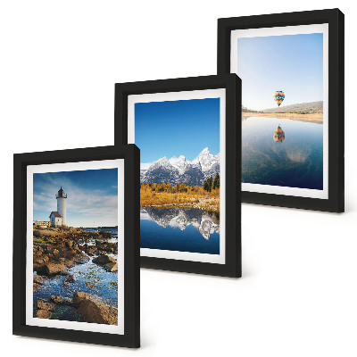 Photo frame wall Views of nature with a lighthouse, mountains, lake and balloon