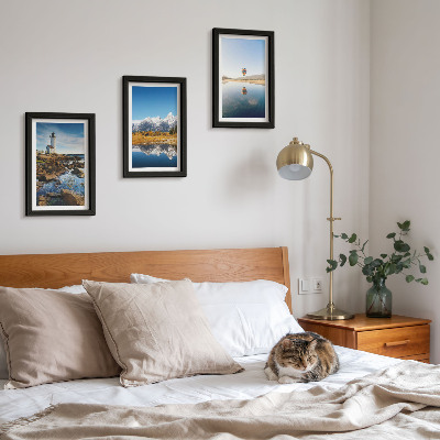 Photo frame wall Views of nature with a lighthouse, mountains, lake and balloon