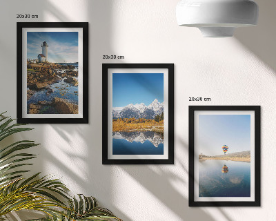 Photo frame wall Views of nature with a lighthouse, mountains, lake and balloon