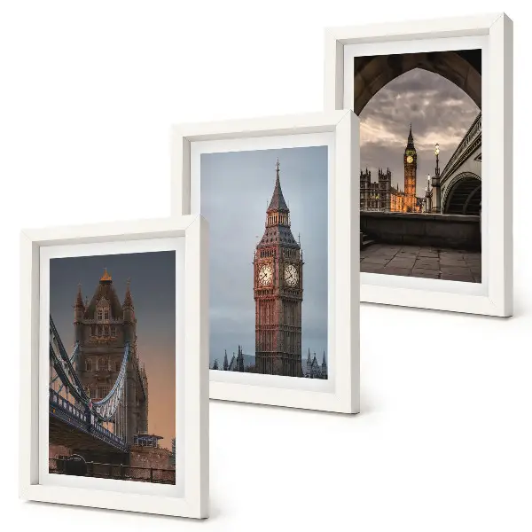 Photo frame wall with views of London featuring the bridge and Big Ben