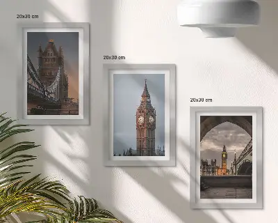 Photo frame wall with views of London featuring the bridge and Big Ben