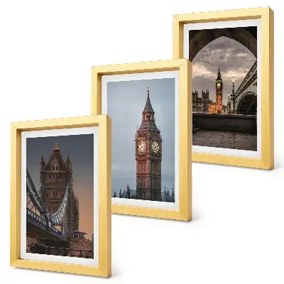 Photo frame wall with views of London featuring the bridge and Big Ben
