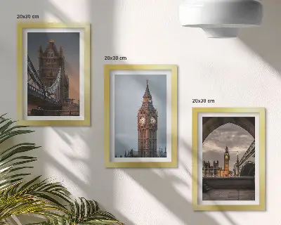 Photo frame wall with views of London featuring the bridge and Big Ben