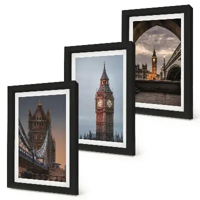 Photo frame wall with views of London featuring the bridge and Big Ben