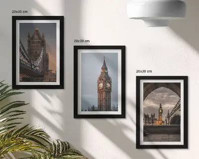 Photo frame wall with views of London featuring the bridge and Big Ben