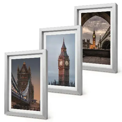 Photo frame wall with views of London featuring the bridge and Big Ben