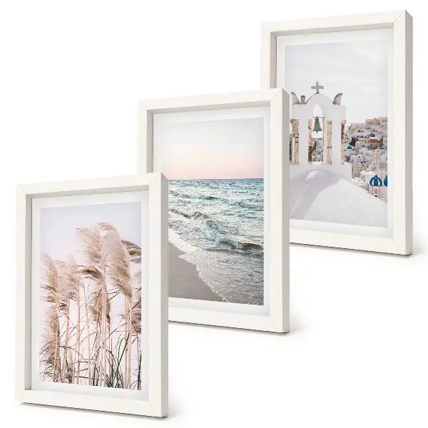 Framed triptych seaside plants and sea waves with a view of white houses