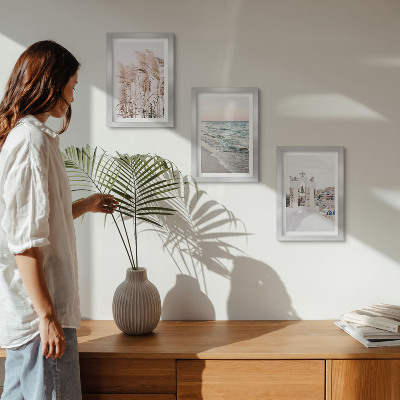 Framed triptych Seaside plants, sea waves, view of white houses
