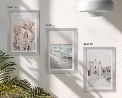 Framed triptych seaside plants and sea waves with a view of white houses