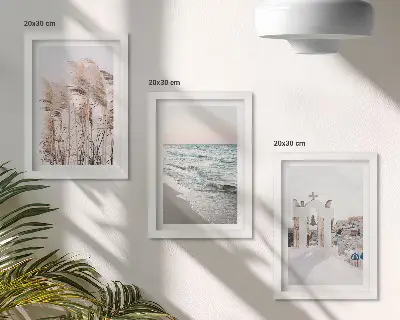 Framed triptych seaside plants and sea waves with a view of white houses