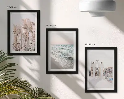 Framed triptych seaside plants and sea waves with a view of white houses