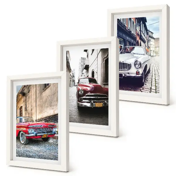 3-piece wall art set featuring classic cars on city streets in multicolored designs