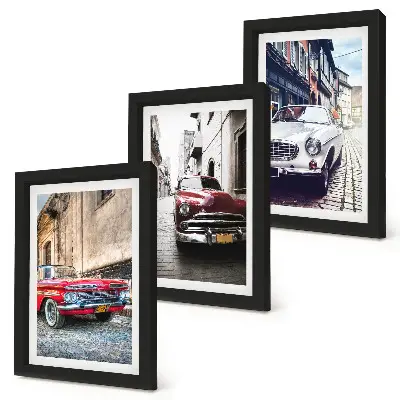 3-piece wall art set featuring classic cars on city streets in multicolored designs