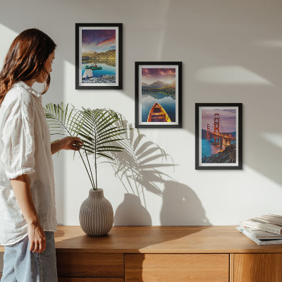 3-piece wall art set Mountain views with lakes, boats and a bridge