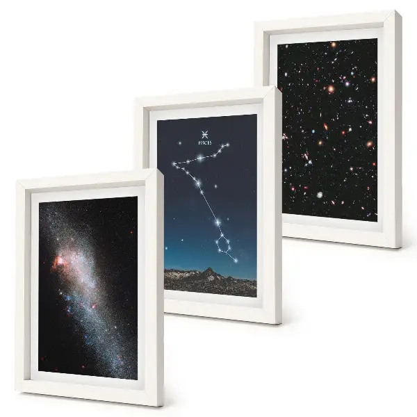 Photo frame wall with space landscapes featuring the Pisces constellation and galaxies