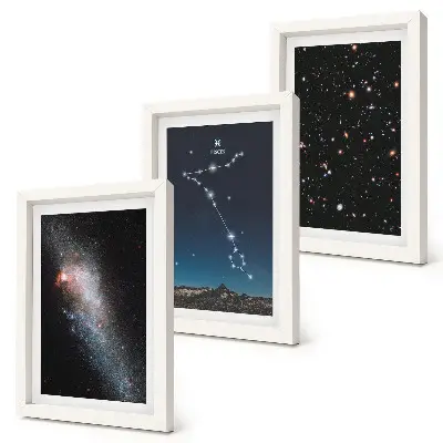Photo frame wall with space landscapes featuring the Pisces constellation and galaxies