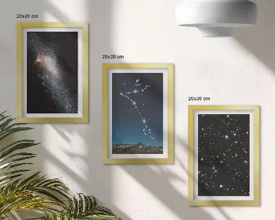 Photo frame wall with space landscapes featuring the Pisces constellation and galaxies