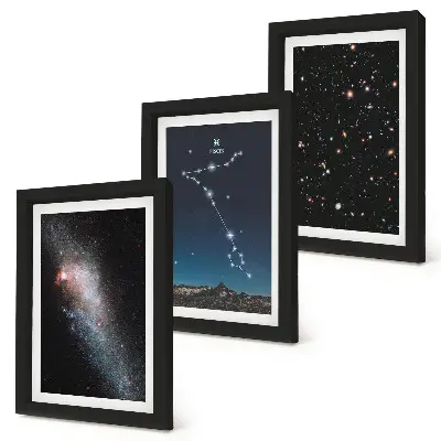 Photo frame wall with space landscapes featuring the Pisces constellation and galaxies