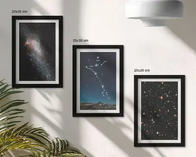 Photo frame wall with space landscapes featuring the Pisces constellation and galaxies