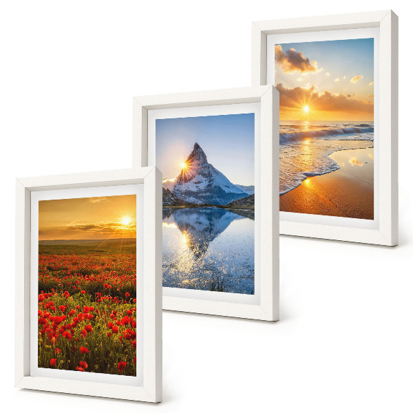 Framed triptych Mountain and seaside landscapes with sunsets