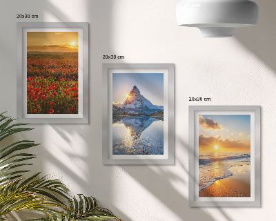 Framed triptych Mountain and seaside landscapes with sunsets