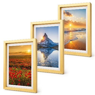 Framed triptych Mountain and seaside landscapes with sunsets