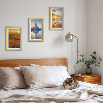 Framed triptych Mountain and seaside landscapes with sunsets